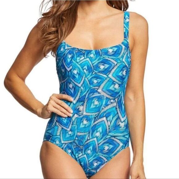 GOTTEX 10 D CUP BIRDS OF A FEATHER ONE PIECE SWIMSUIT BLUE CONVERTIBLE STRAPS - Picture 1 of 12